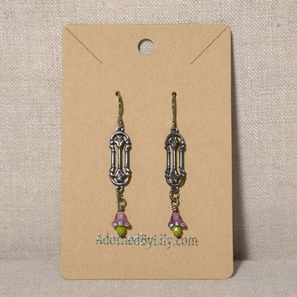 Hand Crafted Handmade Earrings Arts & Crafts Style Brass Pink Bell Flowe… - Picture 2 of 5